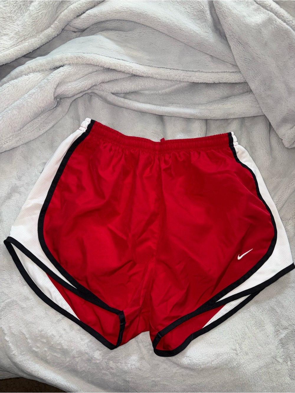 Nike Women’s Red Athletic Shorts with White Panels and Black Trim